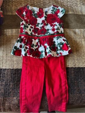 Janie & Jack Girls Floral Peplum Top & Red Pants Set